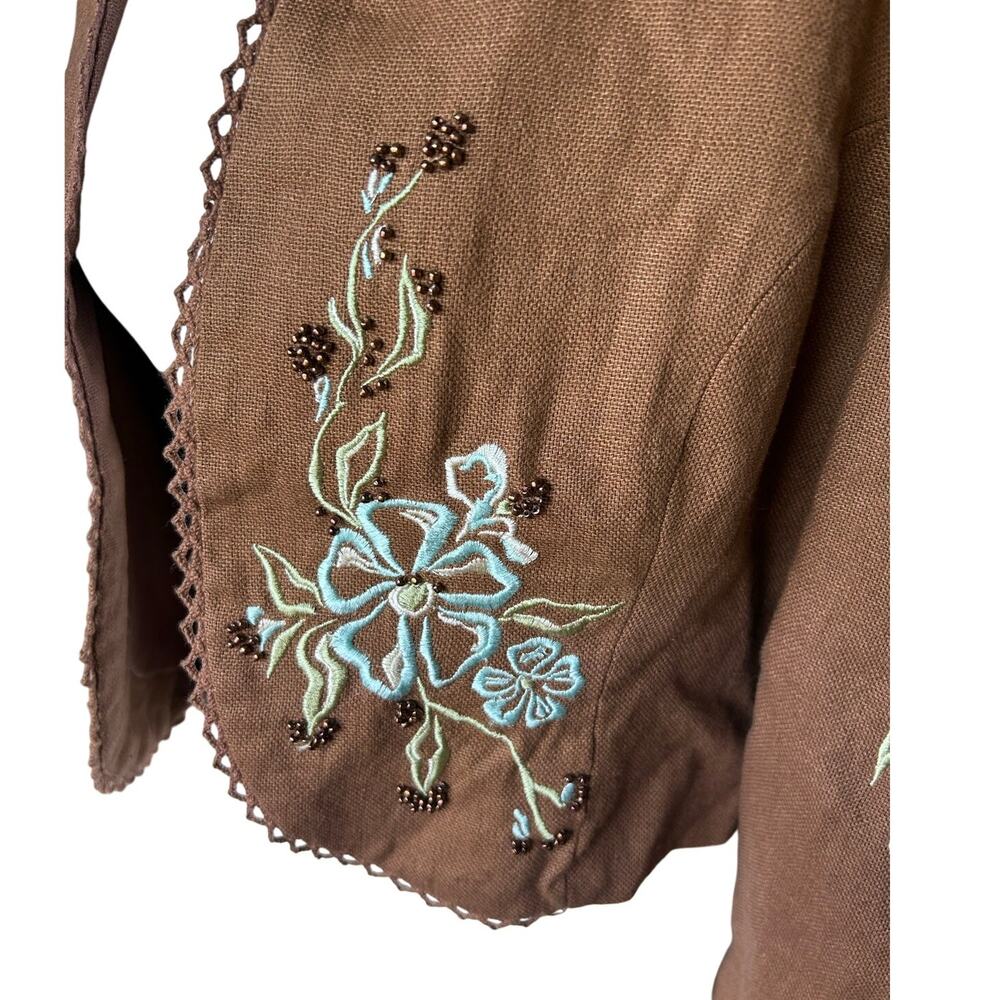 Central Park Linen Boho Embroidered Cropped Jacket Blazer Brown Tan Size 10 - Picture 2 of 5